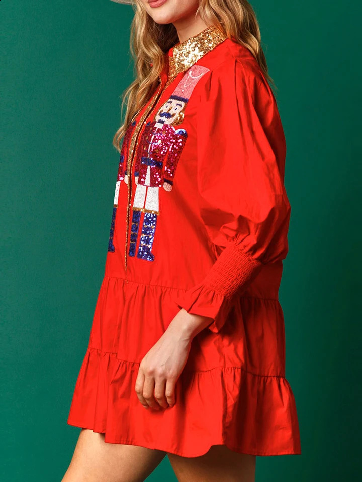 Womens Sequin Christmas Outfit Holiday Nutcracker Sequin Tiered Dress Sweatshirt Merry Christmas Mini Shirt Dress o240821