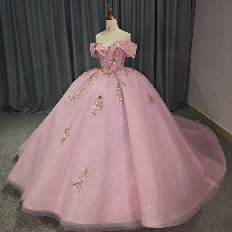 Pink Shiny Quinceanera Dresses Sweetheart Sequin Applique Lace Beads Tull Off the Shoulder Vestidos De 15 Anos Sweet 16 Dress