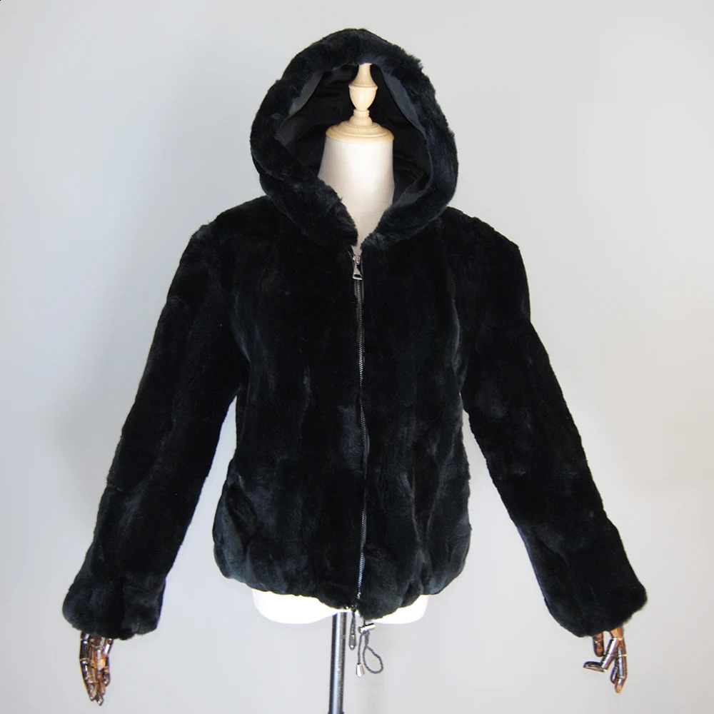 Winter Woman Real Rex Rabbit Fur Coats Girls Warm Natural Hooded Jackets Fashion Zipper Genuine Outerwear 240820