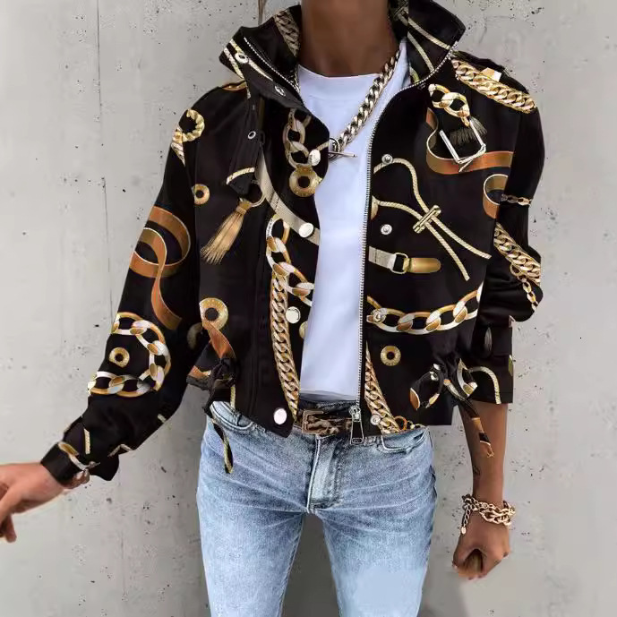 Women's clothing 2024 autumn fashion printed zipper short casual jacket