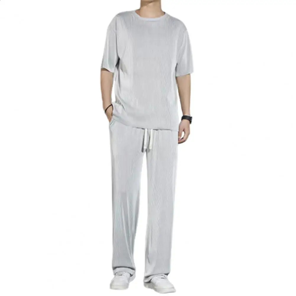 Men Sports Suit Mens Summer Casual Outfit O-neck Short Sleeve T-shirt Wide Leg Long Pants Set Elastic Drawstring Waist Solid 240821