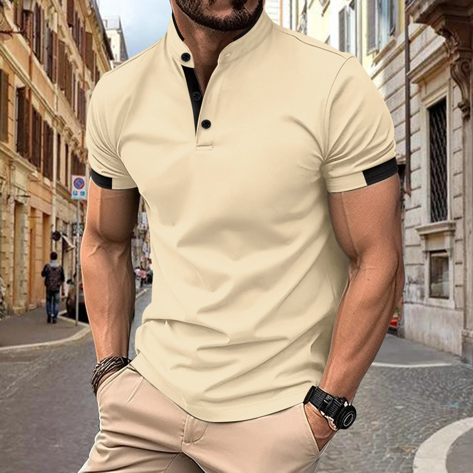 2024 Summer mens Henry Neck short-sleeved polo shirt Business casual button fashion breathable T-shirt 240821