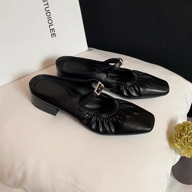 Ddmysports Grape Mama S Same Style Muse Girl French Square Eaded Folded One Foot Pedal Water Diamond Buckle Belt Muller Genuine Leather Alf Slippers O