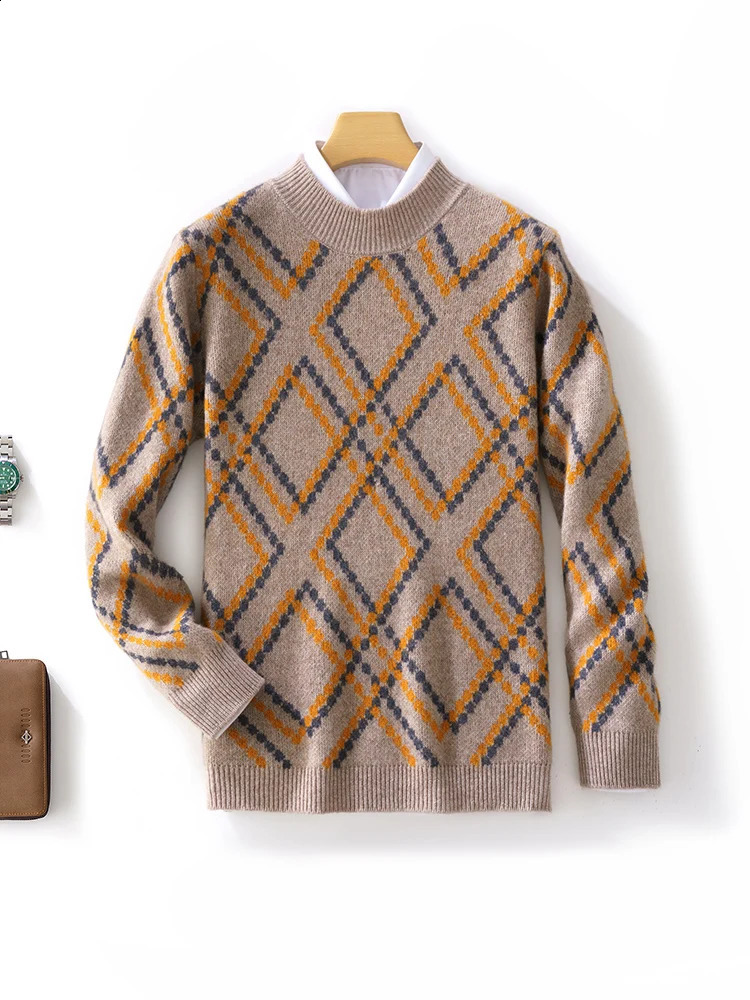 Spring Autumn and Winter Mens Half-High Collar Sweater 100%Wool Irregular Rhombus Pullover Fashion Casual Cashmere Sweater 240821
