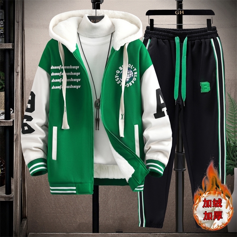 Winter Hooded JacketPant 2-piece Set Men Set Sports Suit Fleece Thickened Sportswear Casual Men Tracksuit 240821