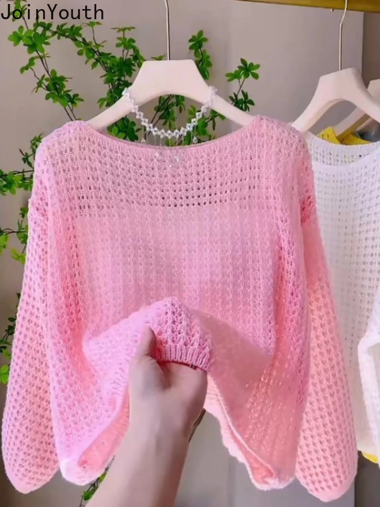 Fashion Tops Womens Handle Long Sleeve OCollar Jumper Thin Hollow Knitted Cutting Sweater Suede Printing Machine 240821