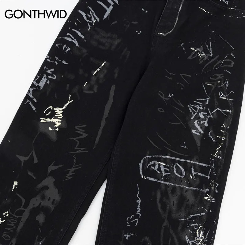 Hip Hop Black Jeans Y2K Men Graffiti Print Straight Wide Baggy Loose Denim Pants Streetwear Harajuku Fashion Punk Trousers 240821