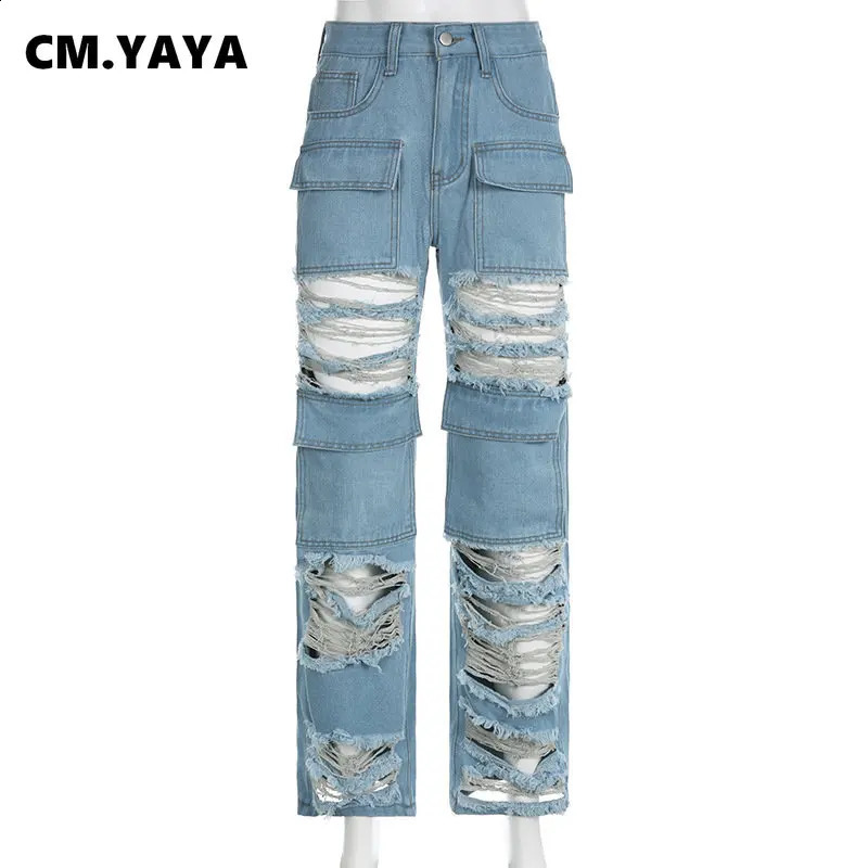 CMYAYA Women Ripped Hollow Out Tassel Pocket Front Safari Style Jeans Summer INS Strt Denim Pants Trousers Z260313
