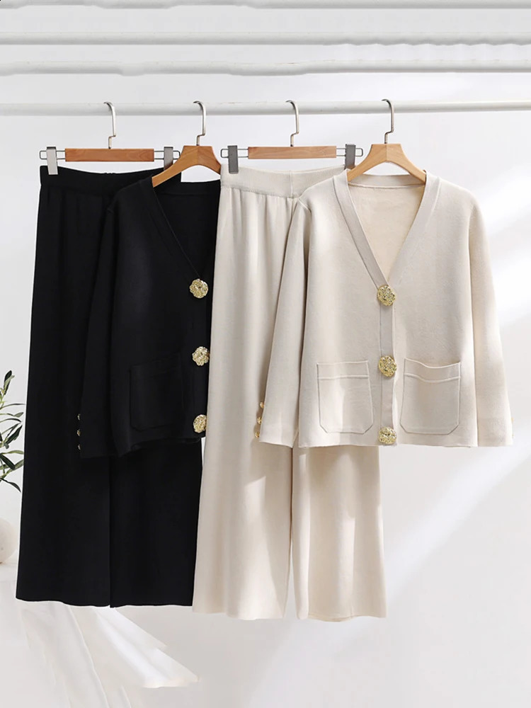 XFPV Women Solid V-Neck Long Sleeve Single Breasted Coat Elastic Waist Wide Leg Pants Two Piece Set Autumn Winter SM9785 240820