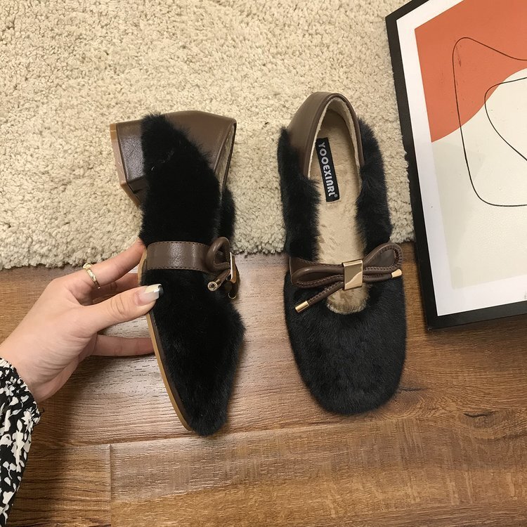 Ddmysports Fairy Wind Lazy Foot Mid Heel Grandma Thick With Fuzzy Fur Shoes Women S Winter Outdoor Wear OUTDOOR