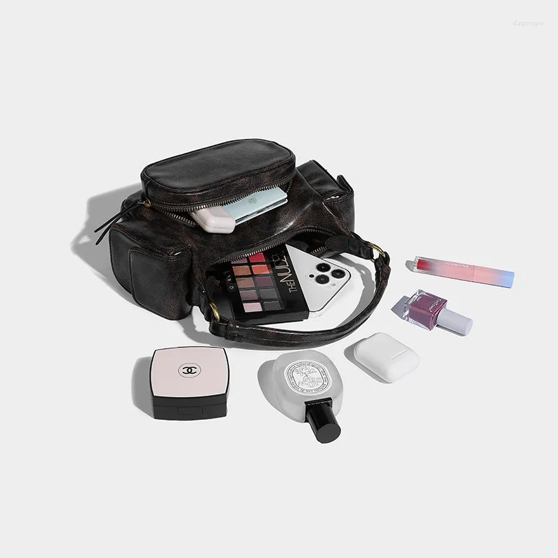 Shoulder Bags Cool Girl Multi-Pocket Motorcycle Bag American Vintage PU Leather Women Travel Handbags 2024 Trendy Lady Underarm 4