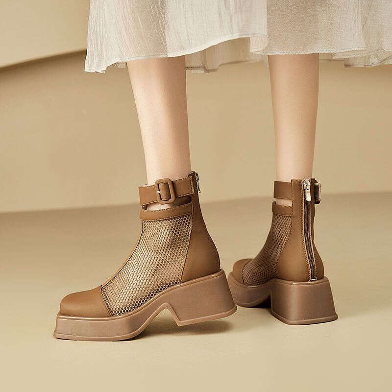Booties Mesh Short Shoes For Woman Chunky Platform Footwear Black Sandals Women's Ankle Boots Comfortable And Elegant Autumn Pu