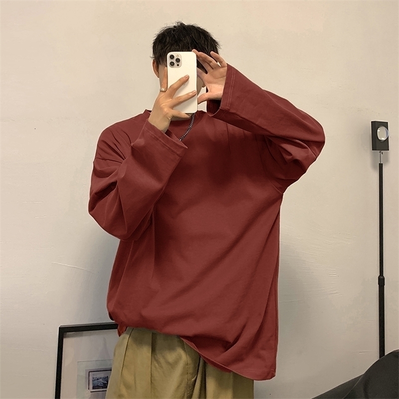 Privatthinker oversized mens T-shirt long sleeved high-quality cotton fashionable Korean clothing top solid color Harajuku mens T-shirt 240826
