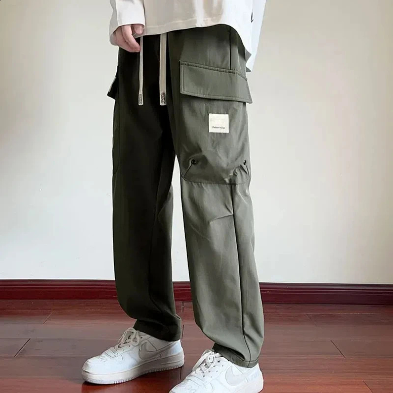 Drawstring Pockets Solid Color High Waist Casual Mens Spring and Autumn Trouser Cargo Straight Comfort Pants 240821