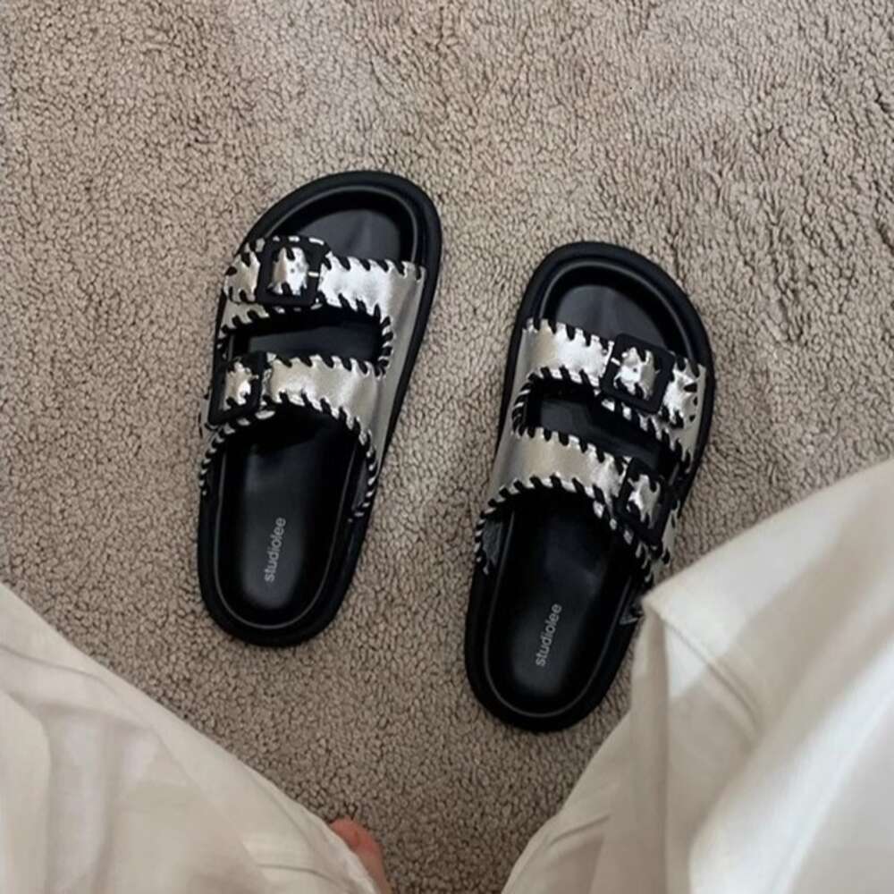 Ddmyoutdoor Grape Mom S Versatile Same Style One Step Open Toe Double Breasted Lazy Thick Sole Eightened Boken Slippers Women Summer Genuine Leather O