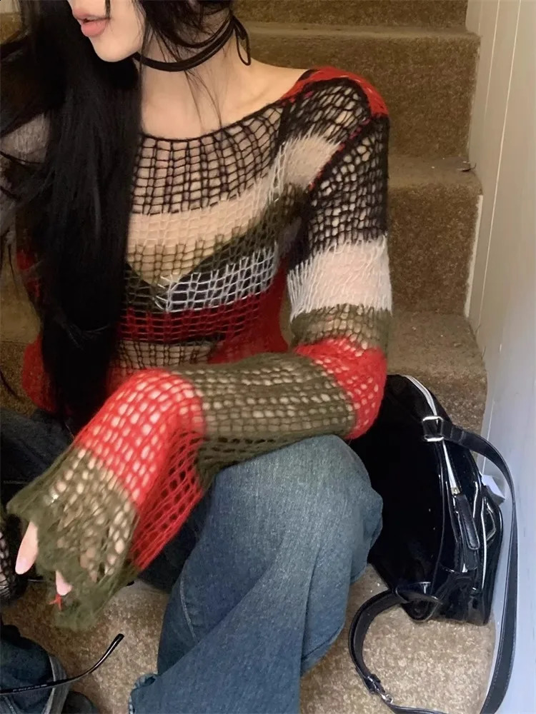American style hollow knitted sweater item backless loose zipper Y2k womens long sleeved striped top 240821