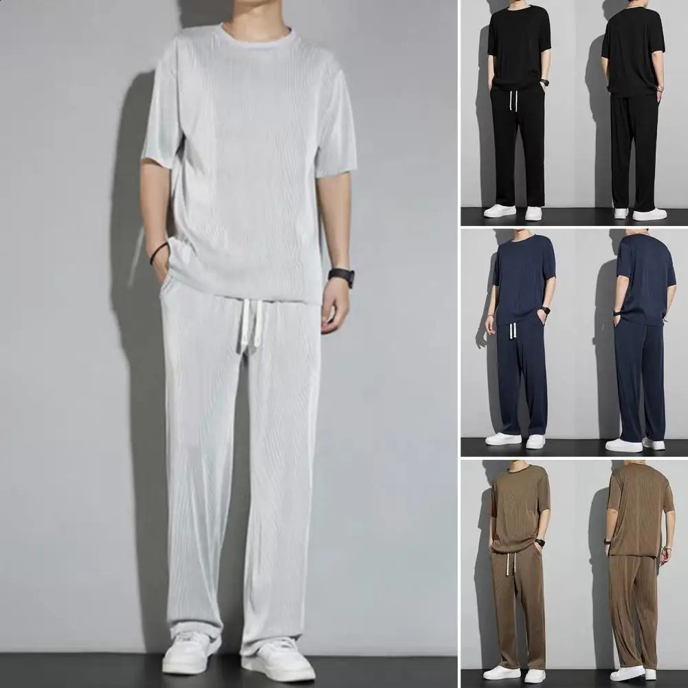 Men Sports Suit Mens Summer Casual Outfit O-neck Short Sleeve T-shirt Wide Leg Long Pants Set Elastic Drawstring Waist Solid 240821
