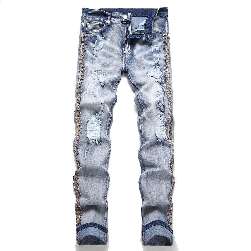 Men Side Rivet Crystal Stretch Denim Jeans Punk Holes Ripped Pants Streetwear Slim Tapered Trousers Blue Black 240821