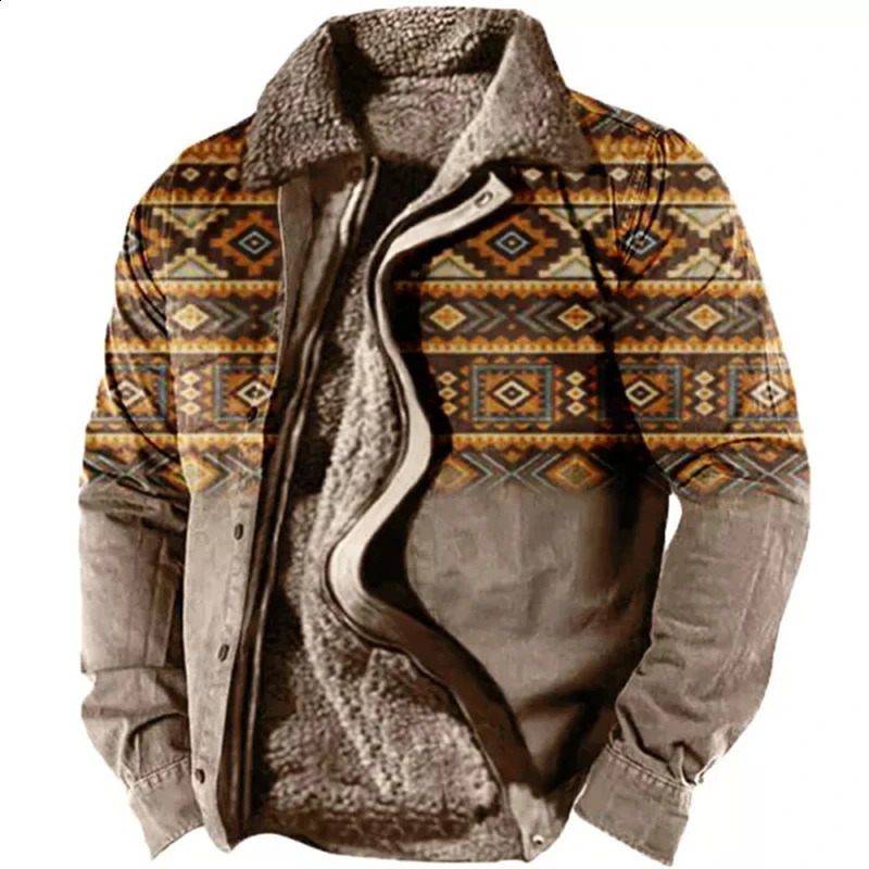 Winter Mens Warm Thick Fleece Lining Jackets Vintage Pattern Print Patchwork Turndown Collar Buttoned Coats Men Outerwear 240821