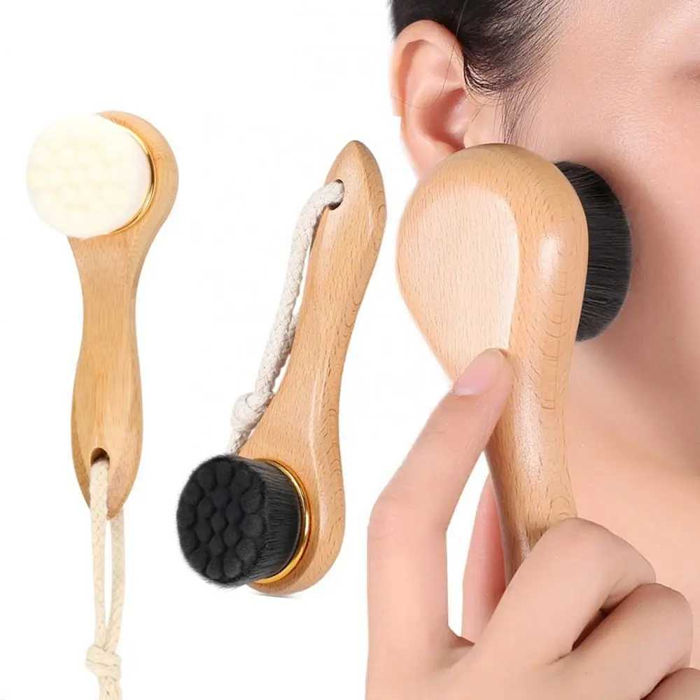 1Pc Wooden Long Handle Facial Cleansing Brush Exfoliating Brush Bamboo Hair Facial Cleansing Massage Face Care Brush Y240821
