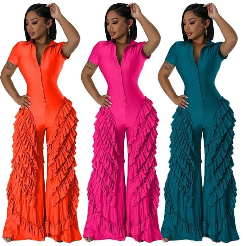CM.YAYA Fashion Women Mult Ruffles Short Sleeve Zipper Fly Wide Leg Shirt Jumpsuit 2024 Streetwear Romper One Piece Set Playsuit 240820