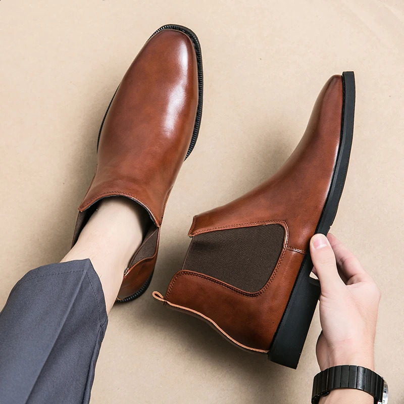 Mens Pointed Chelsea Boots Business Leather Shoes Black Brown Cowboy Autumn Winter Boots Party Dress Ankle Bottas Large 240821