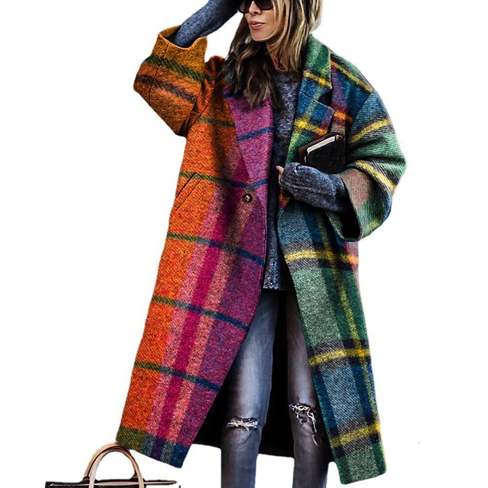 2024 New Autumn Women's sleeved Lapel Printed Woolen Long Coat