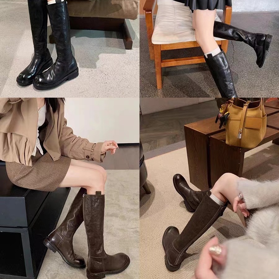 Ddmysports Grape Mom S Same Wash Orse Skin Igh Slender Mid Length Eel Thick Sole Genuine Leather Knight Boots For Women OUTDOOR
