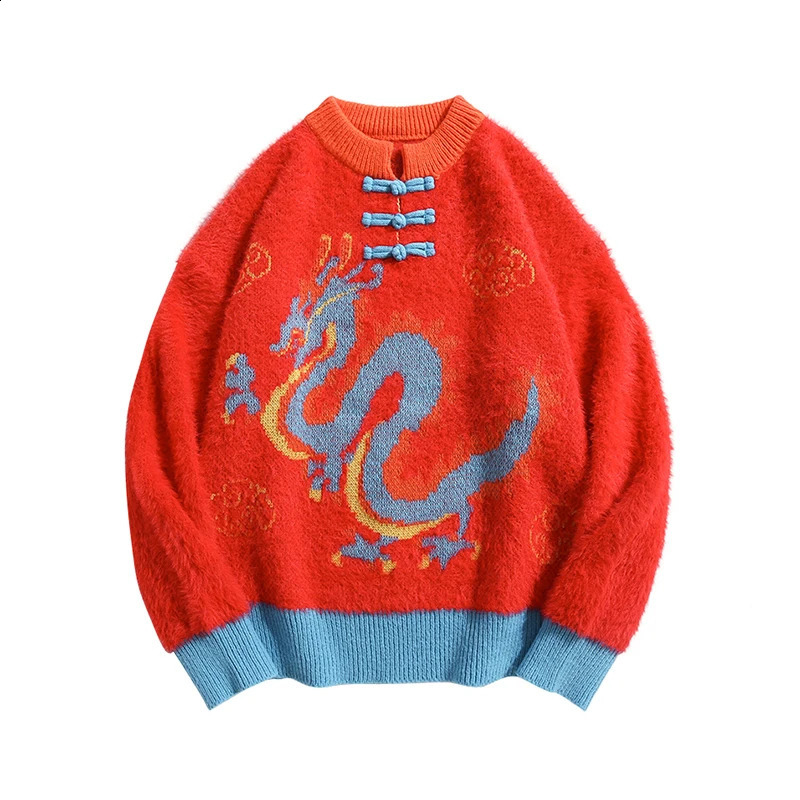 Autumn Winter Retro Buckle Chinese Dragon Jacquard Pullovers Sweaters Men and Women High-end Loose Casual Tang Suit Knitted Tops 240821