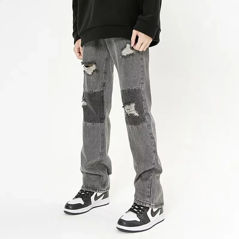Trendy Loose-fit Straight-leg Mens Jeans Autumn Korean Style Casual Trousers Wide-leg Printing Pants For Stylish Men 240821
