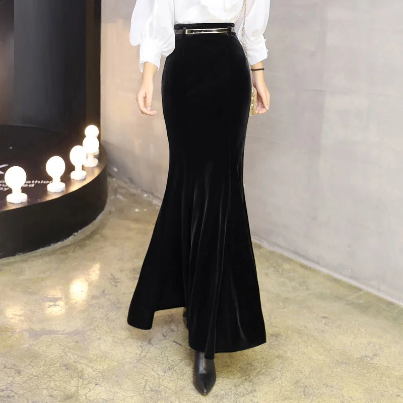 Autumn Vintage Velvet Black Long Mermaid Skirt Fashion Women Elegant Velour Skirts With Belt DQ1279 240820