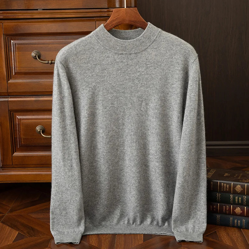 {100% Cashmere} Mens Cashmere Selling Half High Collar Casual Solid Color Knitted Sweater for Men 240821
