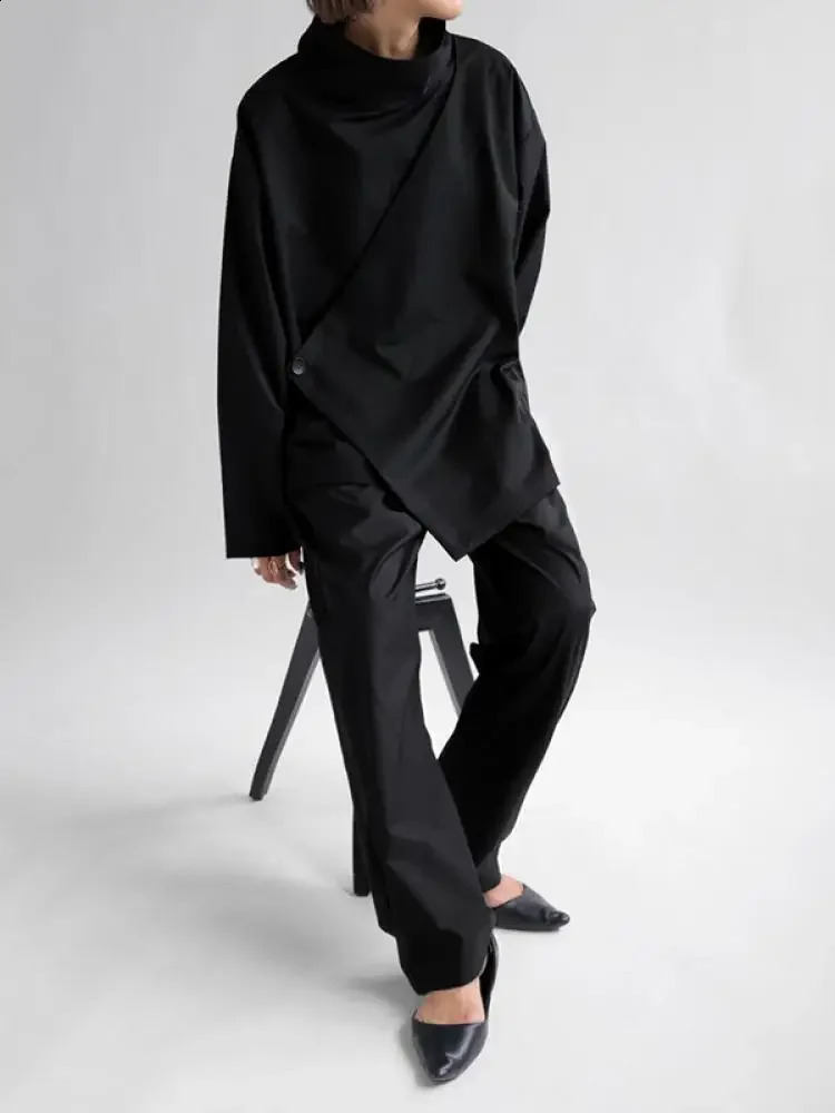 Bonboho Womens Solid Color Asymmetric Tshirt High Neck Long Sleeve Loose Fit Zipper Top Autumn Button Shirt 240820