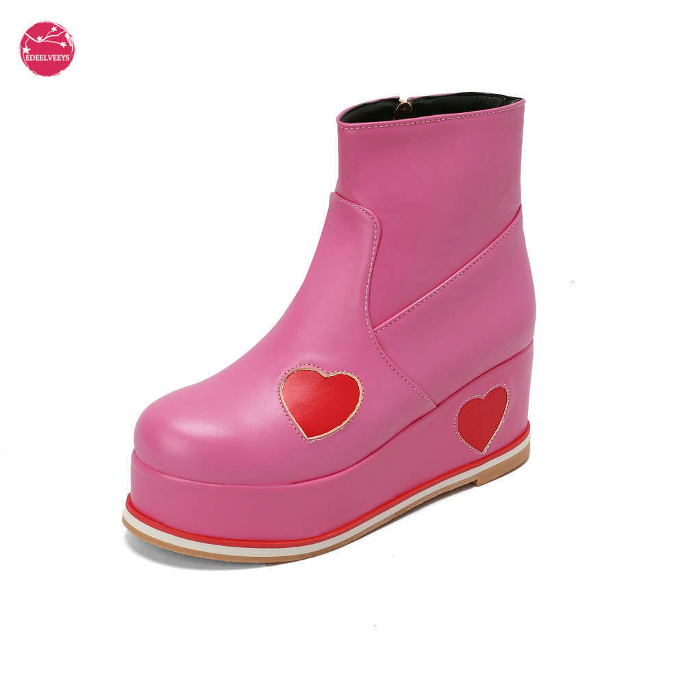 Women Platform Chunky Ankle Boots - Round Toe Zipper Wedges High Heels Sweet Lolita Heart Shape Thick Sole Goth Booties Dropship