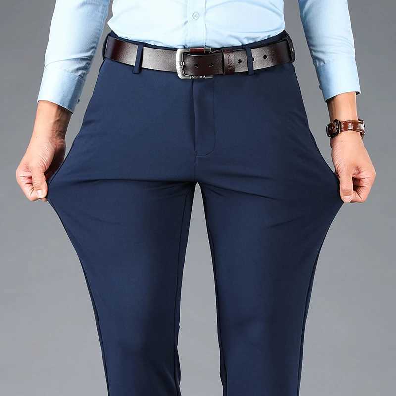 Mens elastic casual pants business suit pants black office straight pants large brand mens navy blue mens casual pants spring and summerW240725