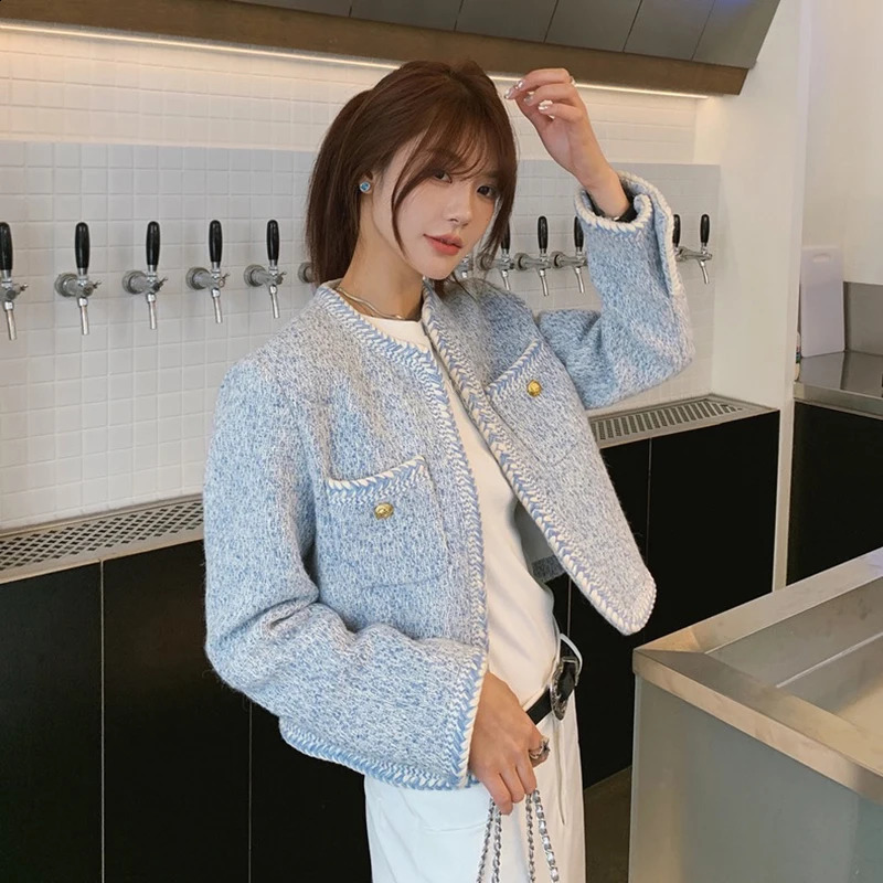 Zoki Sweet French Elegant Tweed Jacket Women Casual Long Sleeve Coat Fashion O Neck Female Outwear Tops Fall Winter 240821