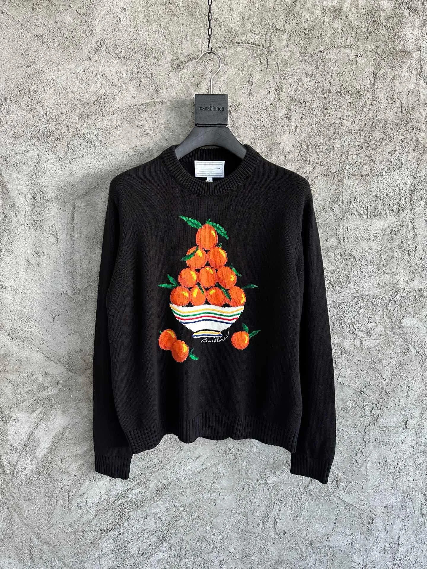 men fruit prints round neck black cotton sweater 240821