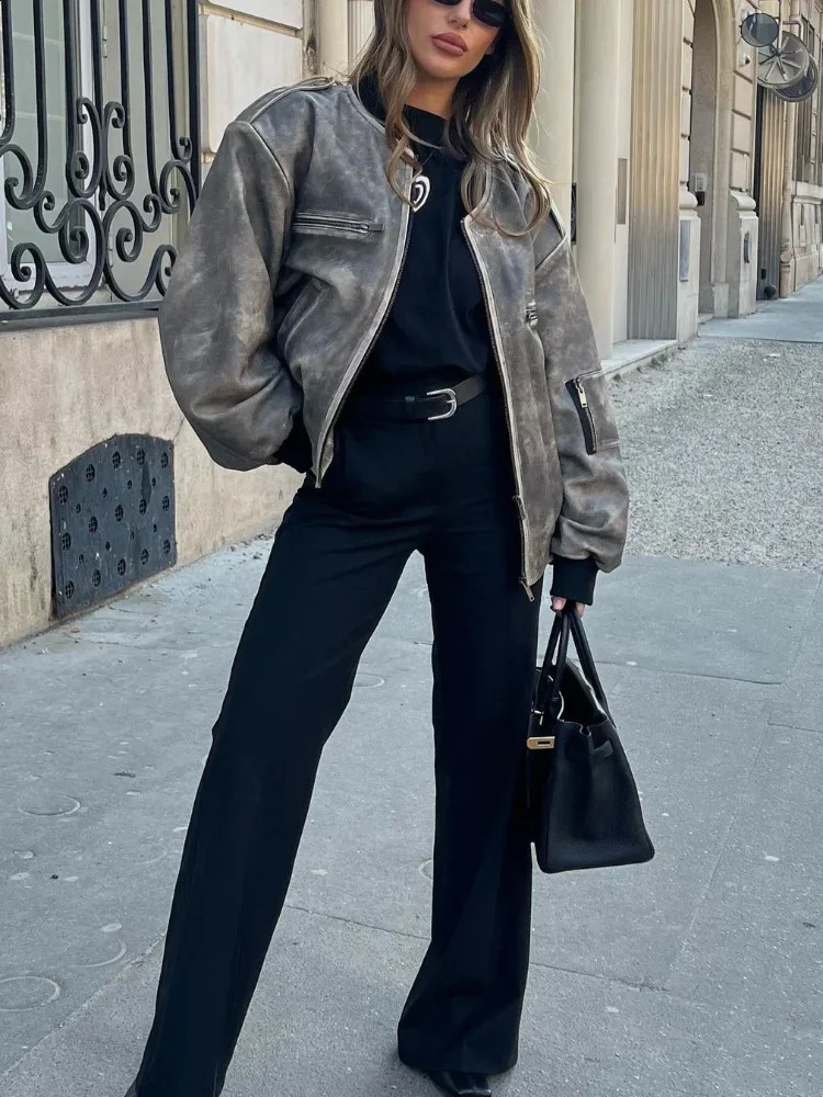 Vintage Solid Zipper Pocket O-neck Women Coat Casual Long Sleeved Button Pilot Jacket High Street Motorcycle Outerwears 240820