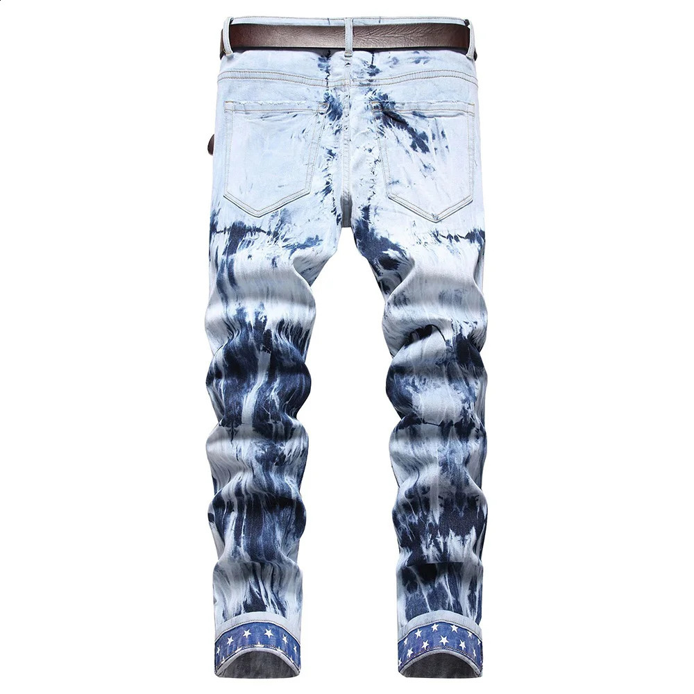 Men Pleated Stars Patch Jeans Tie and Dye Stretch Denim Pants Streetwear Printed Hem Slim Straight Trousers 240821