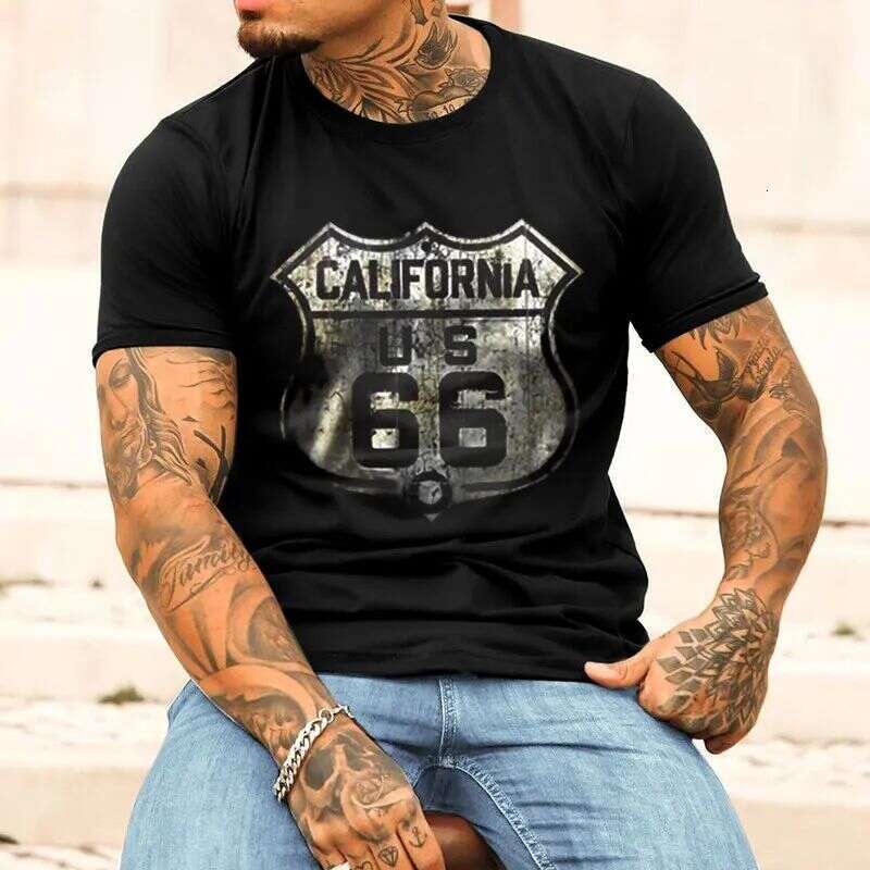 New 2024 men's retro T-shirt 3D printed American plus-size hip-hop personality 66 designed short-sleeved everyday casual clothin