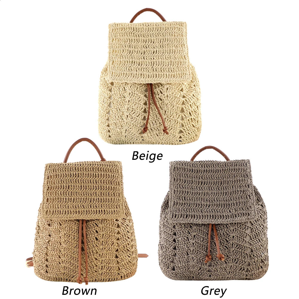 DHXJ Fashion Straw Shoulders Backpack Woven Women Beach Holiday Bucket Purse Bag 240820