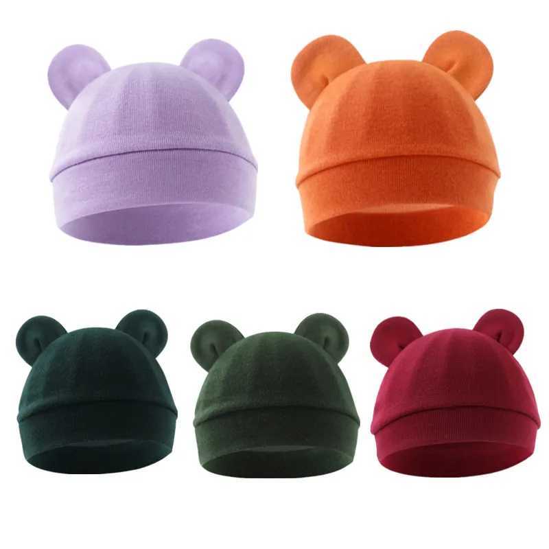 Solid Color Thin Baby Nursery Beanie Cartoon Bear Ear Cotton Newborn Fetal Bonnet For 0-3 Months Baby Hat Baby Accessories M240821