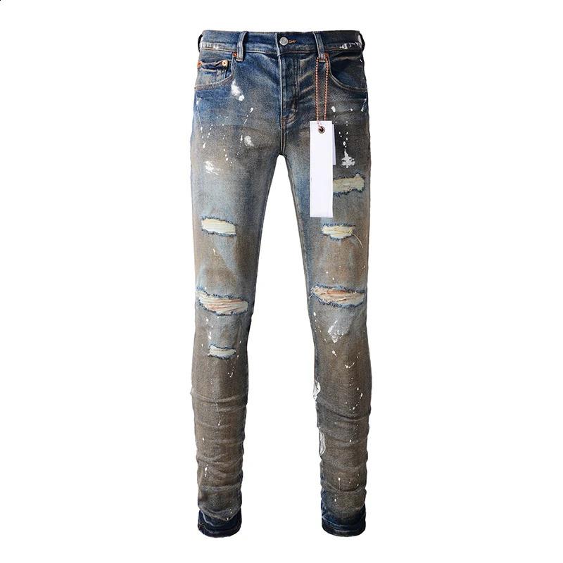 Summers Mens Streetwear Distressed Skinny Button Fly Splash Paints Printing Ripped Holes Jeans Pants 240821