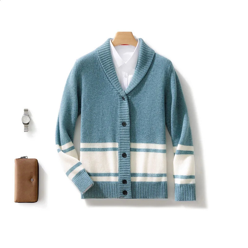 100% Merino Wool Mens Coat Green Fruit Collar Color blocked Loose cardigan Autumn/Winter Knitted Shirt Mens Clothing Warm 240821