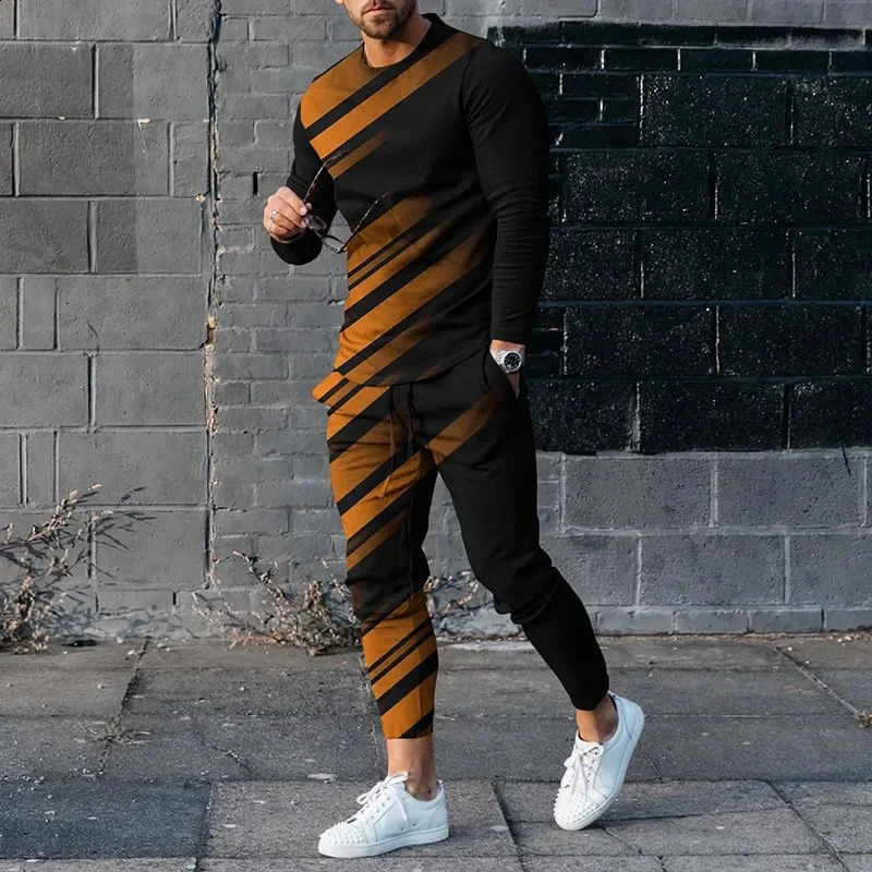 Sweater Set Mens Casual Loose Fit Large Fashion Versatile Trend Round Neck 3D Silent Print 2-Piece Set 240821