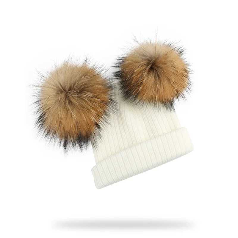 Winter Kids Natural Raccoon Fur Double Pompon Hat And Scarf For Girls Baby Cap With Genuine Pompom Childrens Accessories Bonnet M240821