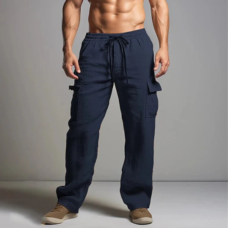 Classic retro straight linen mens casual solid color loose pants spring daily comfortable 240821