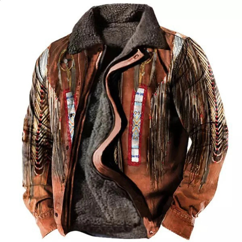 Winter Mens Warm Thick Fleece Lining Jackets Vintage Pattern Print Patchwork Turndown Collar Buttoned Coats Men Outerwear 240821