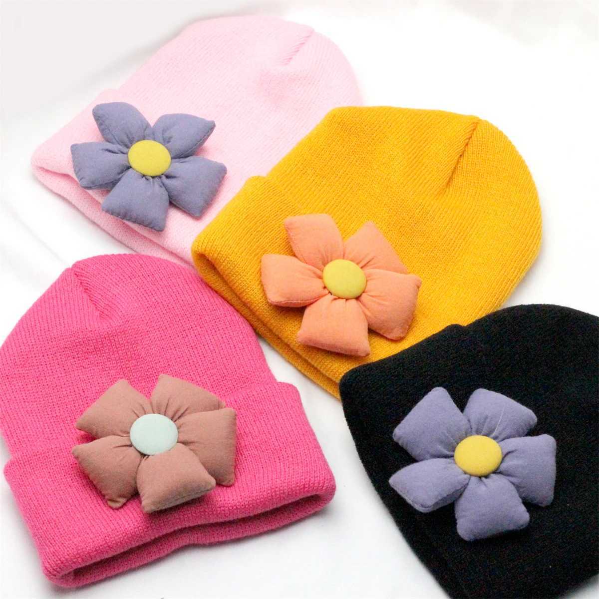 Knitted Beanie with Fabric Sun Flower Baby Girls Big Flower Winter Warm Bonnet Children Crochet Hat Cute Newborn Turban Hats M240821