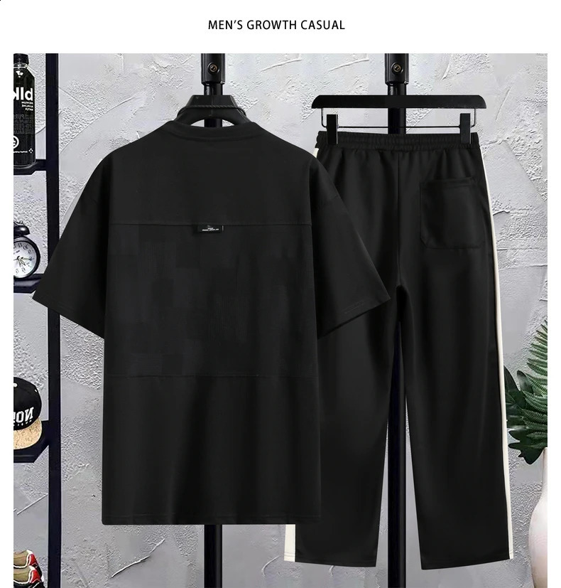 High Quality Summer Casual Two Piece Cotton Mens Sets Short-Sleeve T-Shirts Full-Length Pants Outwear Top Tees Tracksuit 240821